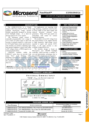 LXM1618-03-2X datasheet - 3.3V 2.2W CCFL Programmable Inverter Module