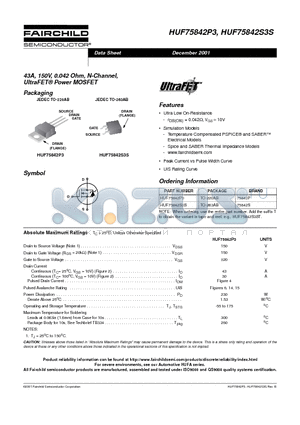 HUF75842P3 datasheet - 43A, 150V, 0.042 Ohm, N-Channel, UltraFET Power MOSFET