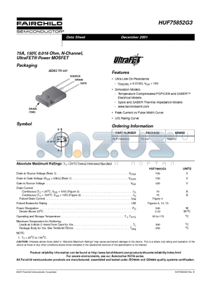 HUF75852G3 datasheet - 75A, 150V, 0.016 Ohm, N-Channel, UltraFET Power MOSFET