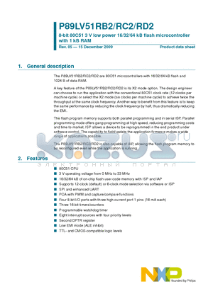 P89LV51RD2BBC datasheet - 8-bit 80C51 3 V low power 16/32/64 kB flash microcontroller with 1 kB RAM