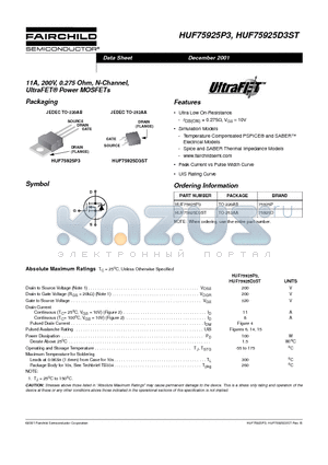 HUF75925D3ST datasheet - 11A, 200V, 0.275 Ohm, N-Channel, UltraFET Power MOSFETs