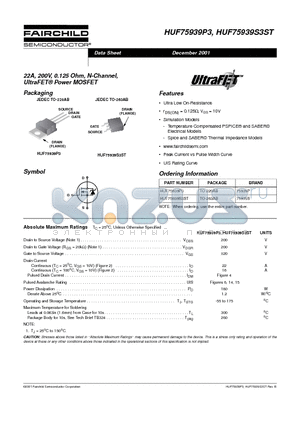 HUF75939P3 datasheet - 22A, 200V, 0.125 Ohm, N-Channel, UltraFET Power MOSFET