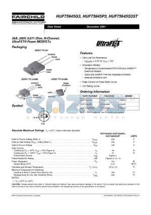HUF75945G3 datasheet - 38A, 200V, 0.071 Ohm, N-Channel, UltraFET Power MOSFETs