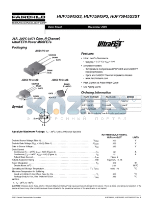 HUF75945P3 datasheet - 38A, 200V, 0.071 Ohm, N-Channel, UltraFET Power MOSFETs