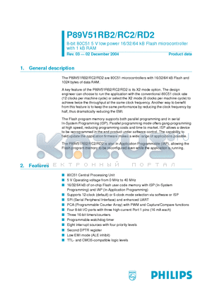 P89V51RC2BN datasheet - 8-bit 80C51 5 V low power 16/32/64 kB Flash microcontroller with 1 kB RAM