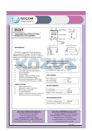 IS215 datasheet - Small Outline Photo DMOS-FET Relay with high load current capabilities