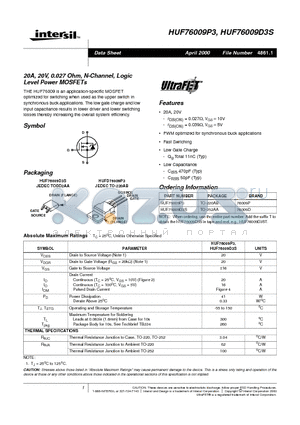 HUF76009P3 datasheet - 20A, 20V, 0.027 Ohm, N-Channel, Logic Level Power MOSFETs