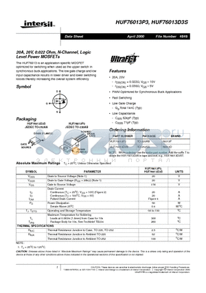 HUF76013D3S datasheet - 20A, 20V, 0.022 Ohm, N-Channel, Logic Level Power MOSFETs