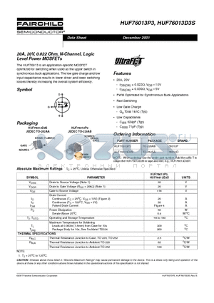 HUF76013P3 datasheet - 20A, 20V, 0.022 Ohm, N-Channel, Logic Level Power MOSFETs