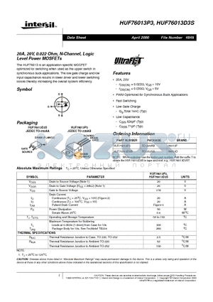 HUF76013P3 datasheet - 20A, 20V, 0.022 Ohm, N-Channel, Logic Level Power MOSFETs