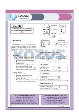 IS216D datasheet - Small Outline Photo DMOS-FET Relay with very high load current capabilities( 5A )