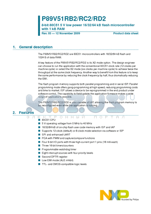 P89V51RD2FA datasheet - 8-bit 80C51 5 V low power 16/32/64 kB flash microcontroller with 1 kB RAM