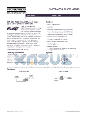 HUF76107D3 datasheet - 20A, 30V, 0.052 Ohm, N-Channel, Logic Level UltraFET Power MOSFETs