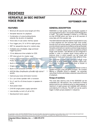 IS22C022P datasheet - VERSATILE 20 SEC INSTANT VOICE ROM