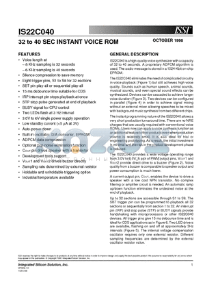 IS22C040 datasheet - 32 to 40 SEC INSTANT VOICE ROM