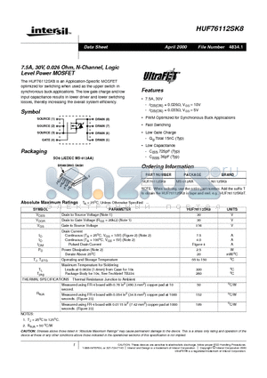 HUF76112SK8 datasheet - 7.5A, 30V, 0.026 Ohm, N-Channel, Logic Level Power MOSFET