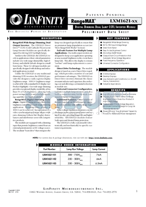 LXM1621-XX datasheet - DIGITAL DIMMING DUAL LAMP CCFL INVERTER MODULE