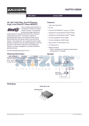 HUF76113DK8 datasheet - 6A, 30V, 0.032 Ohm, Dual N-Channel, Logic Level UltraFET Power MOSFET