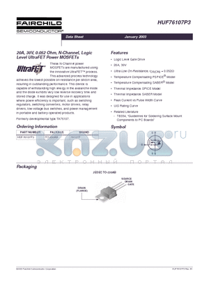 HUF76107P3 datasheet - 20A, 30V, 0.052 Ohm, N-Channel, Logic Level UltraFET Power MOSFETs