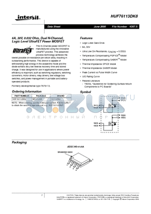 HUF76113DK8 datasheet - 6A, 30V, 0.032 Ohm, Dual N-Channel, Logic Level UltraFET Power MOSFET