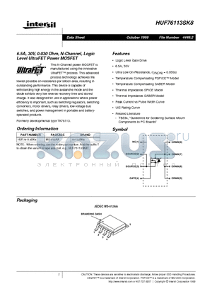 HUF76113SK8 datasheet - 6.5A, 30V, 0.030 Ohm, N-Channel, Logic Level UltraFET Power MOSFET