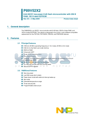 P89V52X2FN datasheet - 8-bit 80C51 low power 8 kB flash microcontroller with 256 B RAM, 192 B data EEPROM