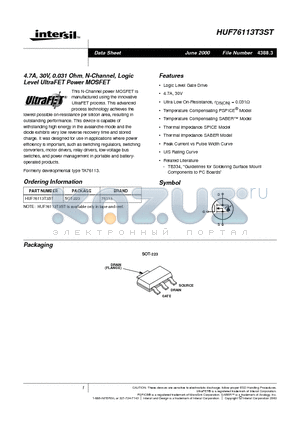 HUF76113T3ST datasheet - 4.7A, 30V, 0.031 Ohm, N-Channel, Logic Level UltraFET Power MOSFET