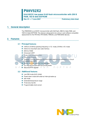 P89V52X2FA datasheet - 8-bit 80C51 low power 8 kB flash microcontroller with 256 B RAM, 192 B data EEPROM