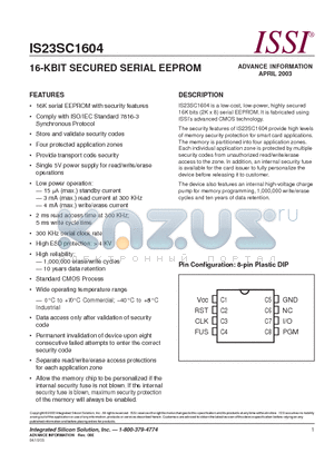 IS23SC1604-X7I datasheet - 16-KBIT SECURED SERIAL EEPROM