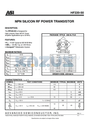HF220-50 datasheet - NPN SILICON RF POWER TRANSISTOR