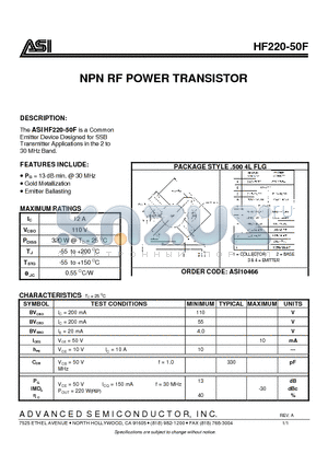 HF220-50F datasheet - NPN RF POWER TRANSISTOR