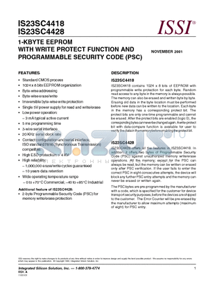 IS23SC4428-X3I datasheet - 1-KBYTE EEPROM WITH WRITE PROTECT FUNCTION AND PROGRAMMABLE SECURITY CODE (PSC)