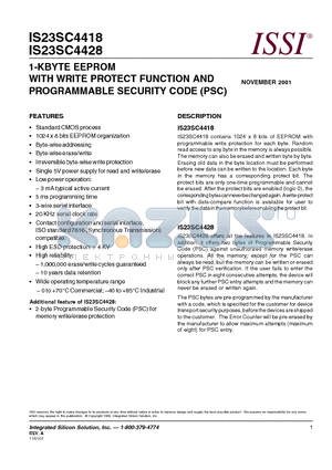 IS23SC4428-X3 datasheet - 1-KBYTE EEPROM WITH WRITE PROTECT FUNCTION AND PROGRAMMABLE SECURITY CODE (PSC)