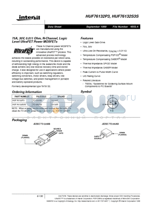 HUF76132S3S datasheet - 75A, 30V, 0.011 Ohm, N-Channel, Logic Level UltraFET Power MOSFETs