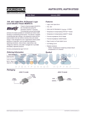 HUF76137S3S datasheet - 75A, 30V, 0.009 Ohm, N-Channel, Logic Level UltraFET Power MOSFETs