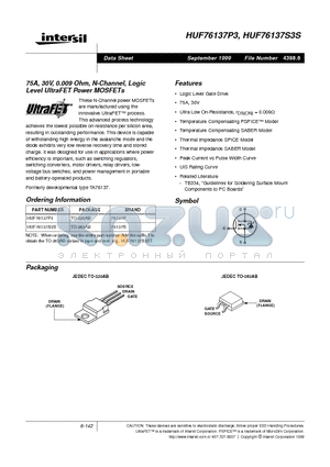 HUF76137S3S datasheet - 75A, 30V, 0.009 Ohm, N-Channel, Logic Level UltraFET Power MOSFETs