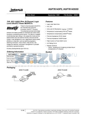 HUF76143P3 datasheet - 75A, 30V, 0.0055 Ohm, N-Channel, Logic Level UltraFET Power MOSFETs