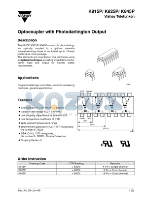 K825P datasheet - Optocoupler with Photodarlington Output