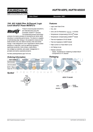HUF76145P3 datasheet - 75A, 30V, 0.0045 Ohm, N-Channel, Logic Level UltraFET Power MOSFETs
