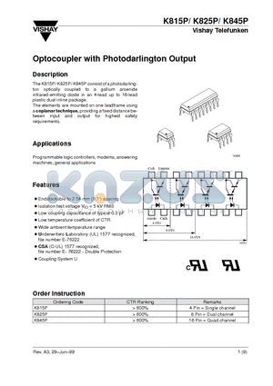 K845P datasheet - Optocoupler with Photodarlington Output