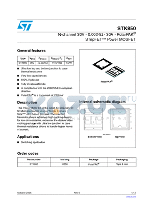 K850 datasheet - N-channel 30V - 0.0024ohm - 30A - PolarPAK STripFET Power MOSFET