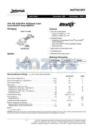 HUF76413P3 datasheet - 22A, 60V, 0.056 Ohm, N-Channel, Logic Level UltraFET Power MOSFET