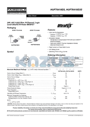 HUF76419D3S datasheet - 20A, 60V, 0.043 Ohm, N-Channel, Logic Level UltraFET Power MOSFET
