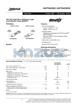 HUF76423D3 datasheet - 20A, 60V, 0.037 Ohm, N-Channel, Logic Level UltraFET Power MOSFET