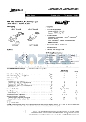 HUF76423P3 datasheet - 33A, 60V, 0.035 Ohm, N-Channel, Logic Level UltraFET Power MOSFET