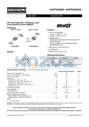 HUF76429D3 datasheet - 20A, 60V, 0.027 Ohm, N-Channel, Logic Level UltraFET Power MOSFET