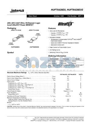 HUF76429D3 datasheet - 20A, 60V, 0.027 Ohm, N-Channel, Logic Level UltraFET Power MOSFET