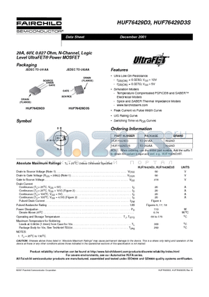 HUF76429D3S datasheet - 20A, 60V, 0.027 Ohm, N-Channel, Logic Level UltraFET Power MOSFET