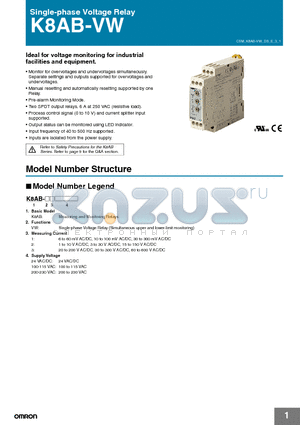 K8AB-VW1 datasheet - Single-phase Voltage Relay