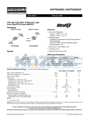 HUF76429D3_05 datasheet - 20A, 60V, 0.027 Ohm, N-Channel, Logic Level UltraFET^ Power MOSFET